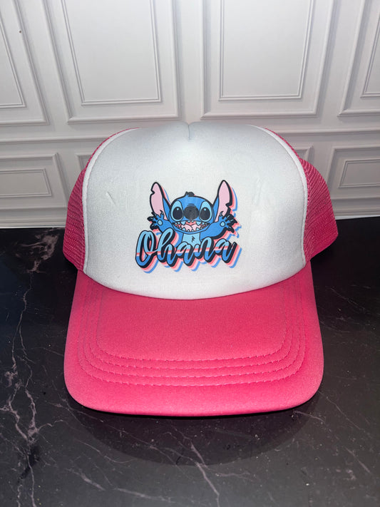 Stitch Pink Ohana Trucker Hat Custom made